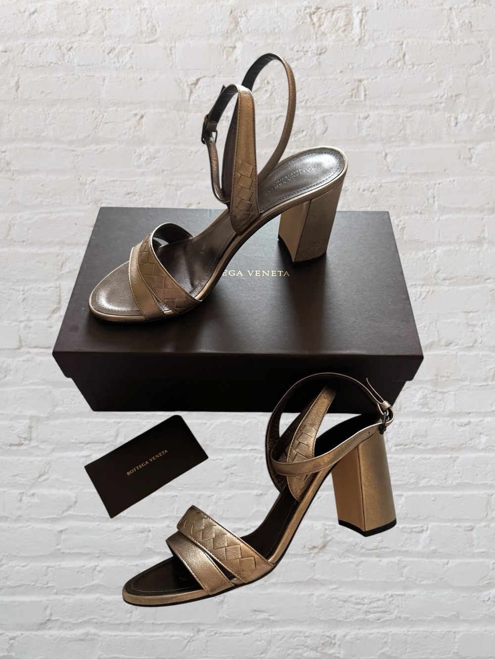Bottega Veneta Metallic Intrecciato Cross Strap 3.5” block heel sandals